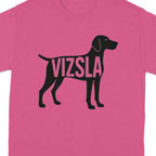 Black Vizsla dog silhouette with text integrated into the body on a pink t-shirt.