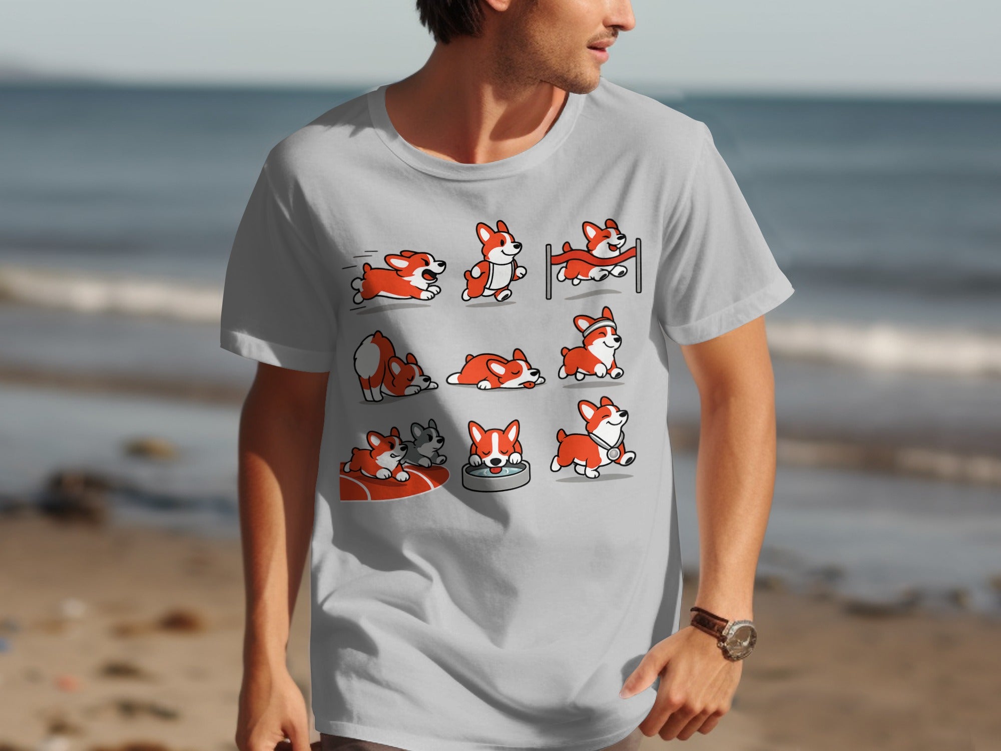 T-shirt with nine cartoon corgi illustrations depicting various activities.