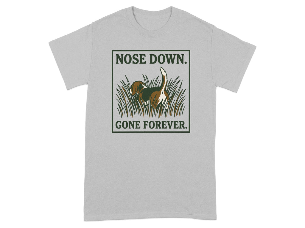 Beagle with nose to the ground, text "GONE FOREVER".