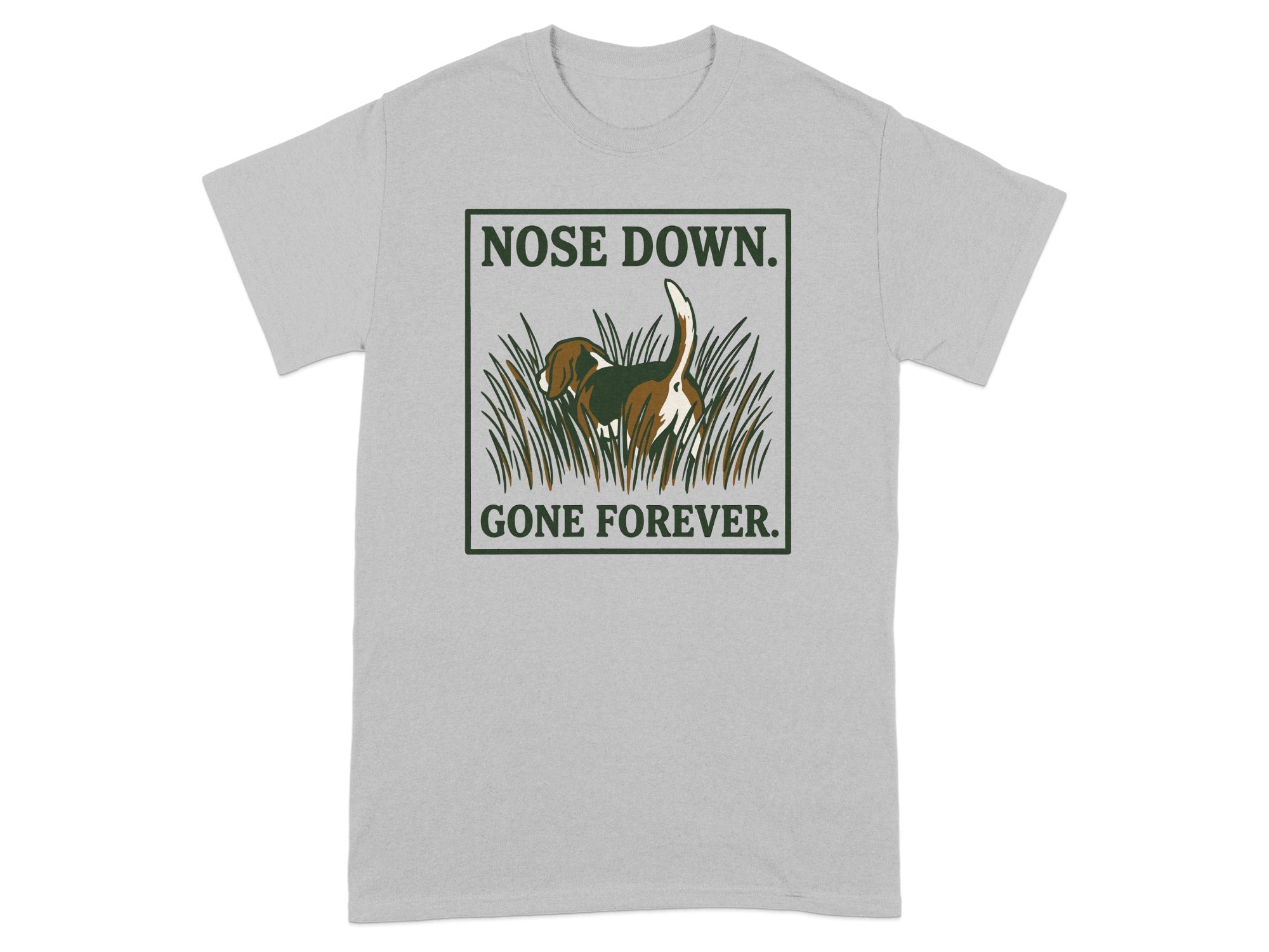 Beagle with nose to the ground, text "GONE FOREVER".