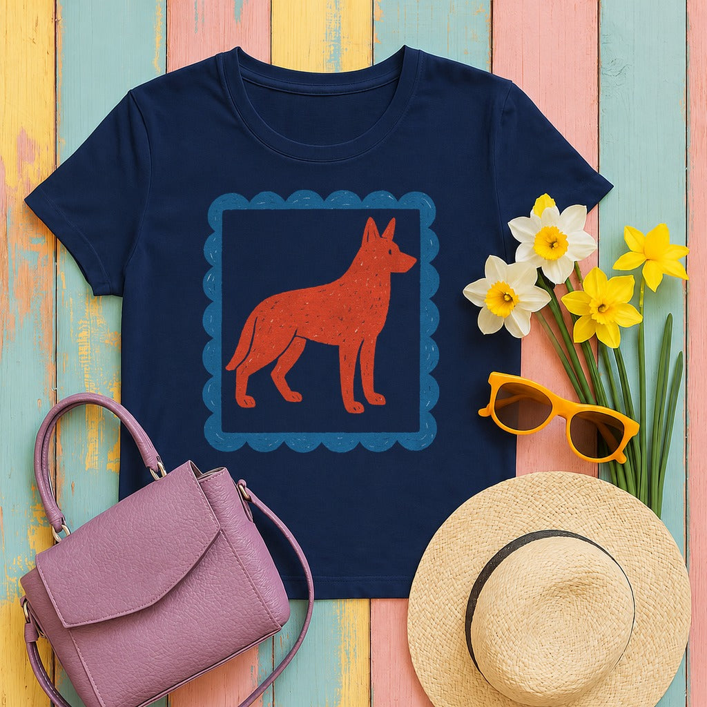 German Shepherd Stamp With Blue Border Decorative Design T-Shirt in Navy