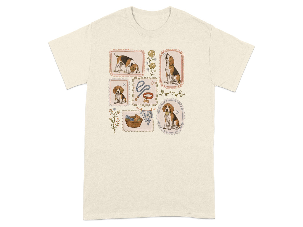 Beagle illustrations in framed panels on a cream t-shirt.