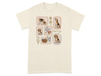 Beagle illustrations in framed panels on a cream t-shirt.