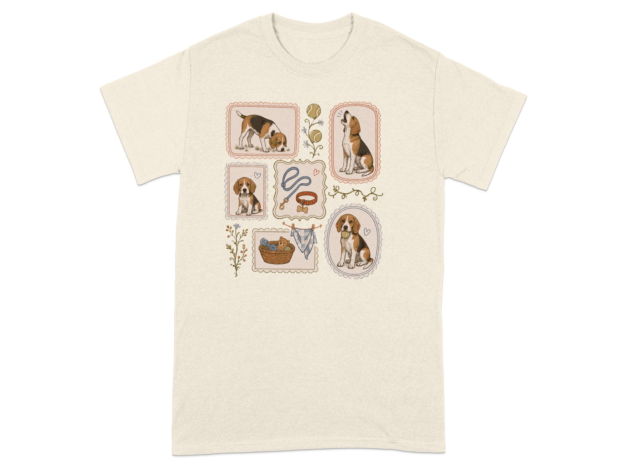 Beagle illustrations in framed panels on a cream t-shirt.