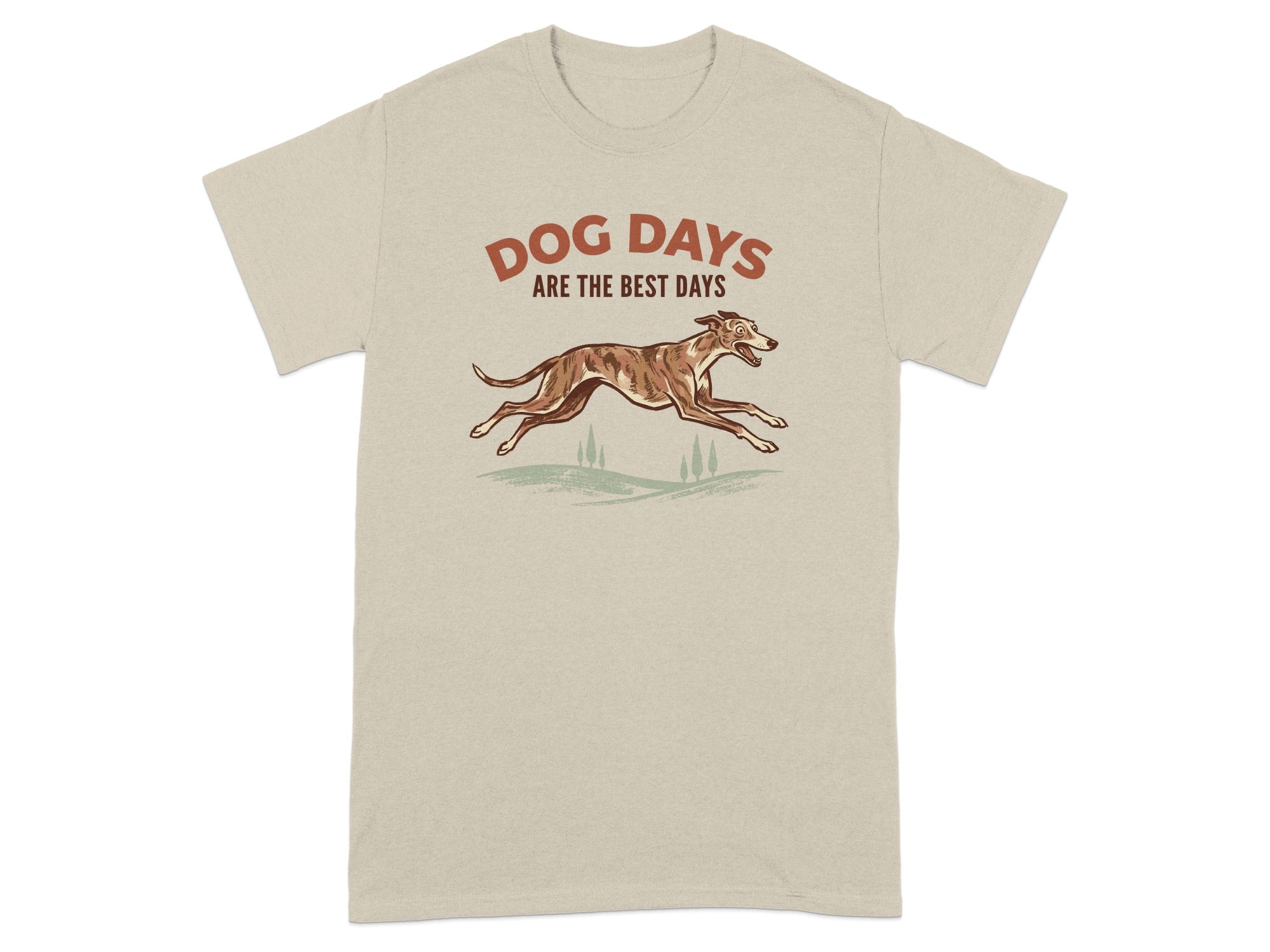 T-shirt with "Dog Days Are The Best Days" text and a running greyhound illustration.