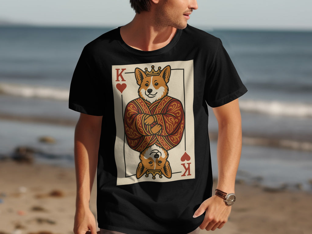 Black t-shirt with a King of Hearts playing card design featuring a crowned corgi.