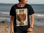 Black t-shirt with a King of Hearts playing card design featuring a crowned corgi.