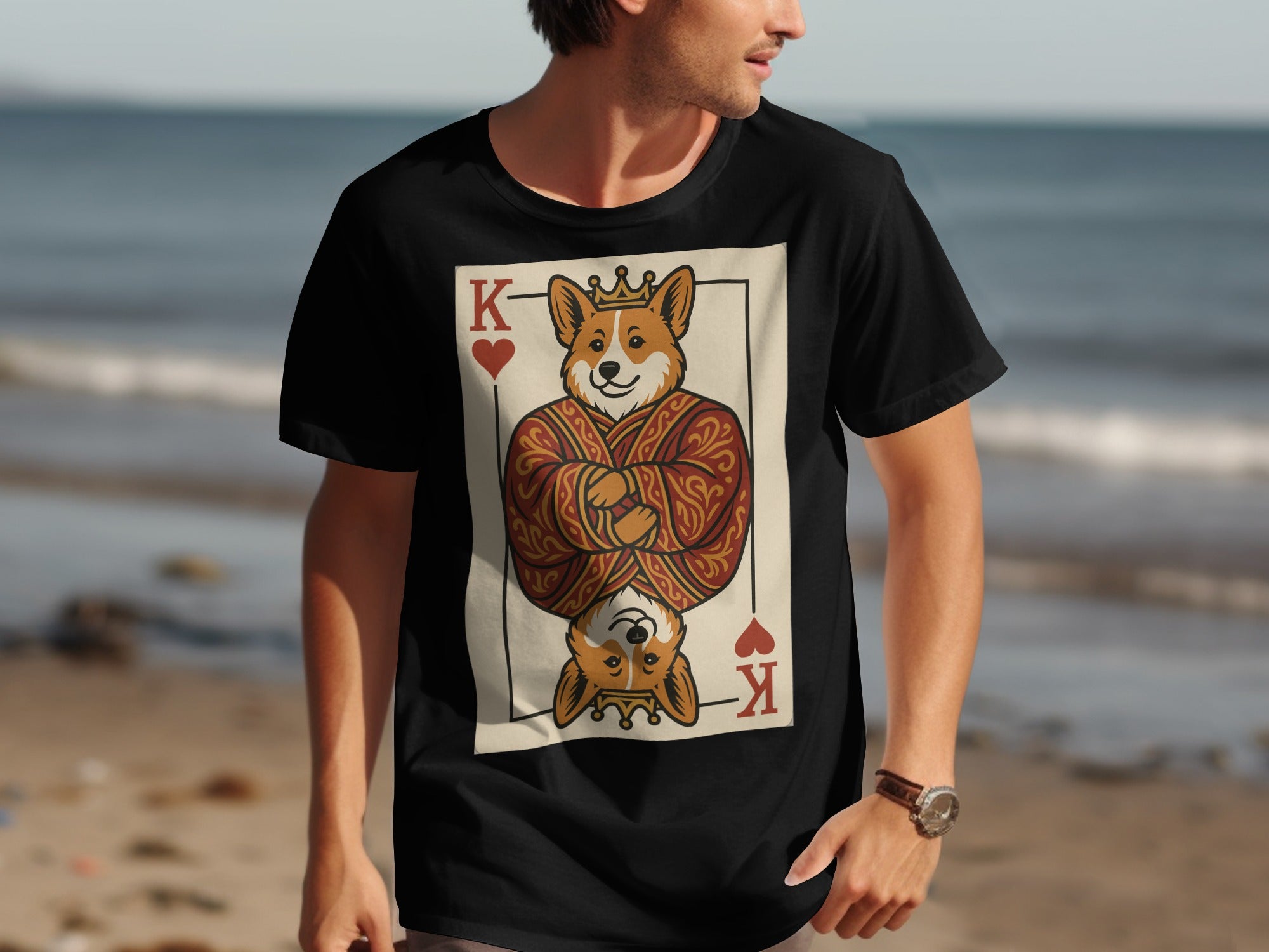 Black t-shirt with a King of Hearts playing card design featuring a crowned corgi.