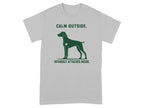 T-shirt with a dog silhouette and text that reads "CALM OUTSIDE. INTENSELY ATTACHED INSIDE."