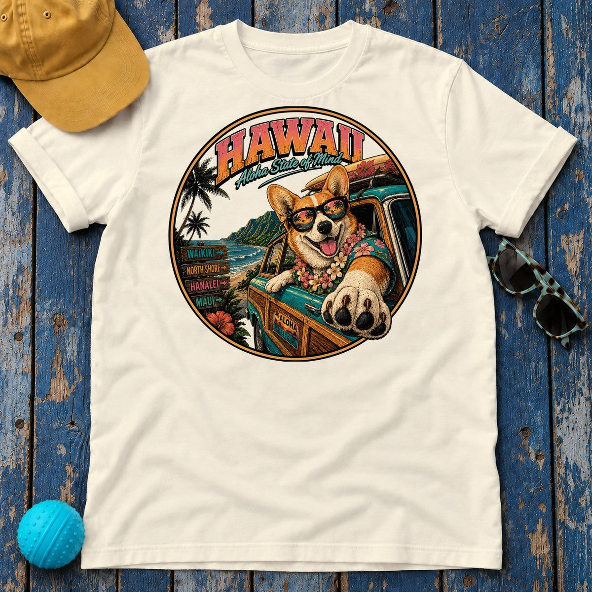 Aloha Corgi Island Hopper T-shirt in Natural