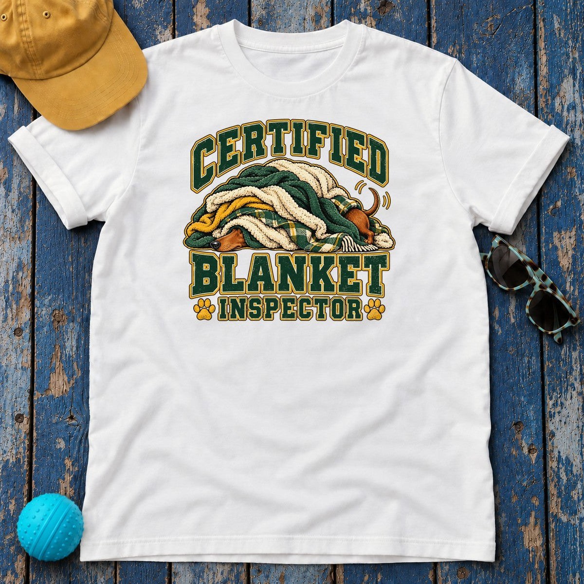 Certified Blanket Inspector Dachshund T-Shirt in White - flat lay