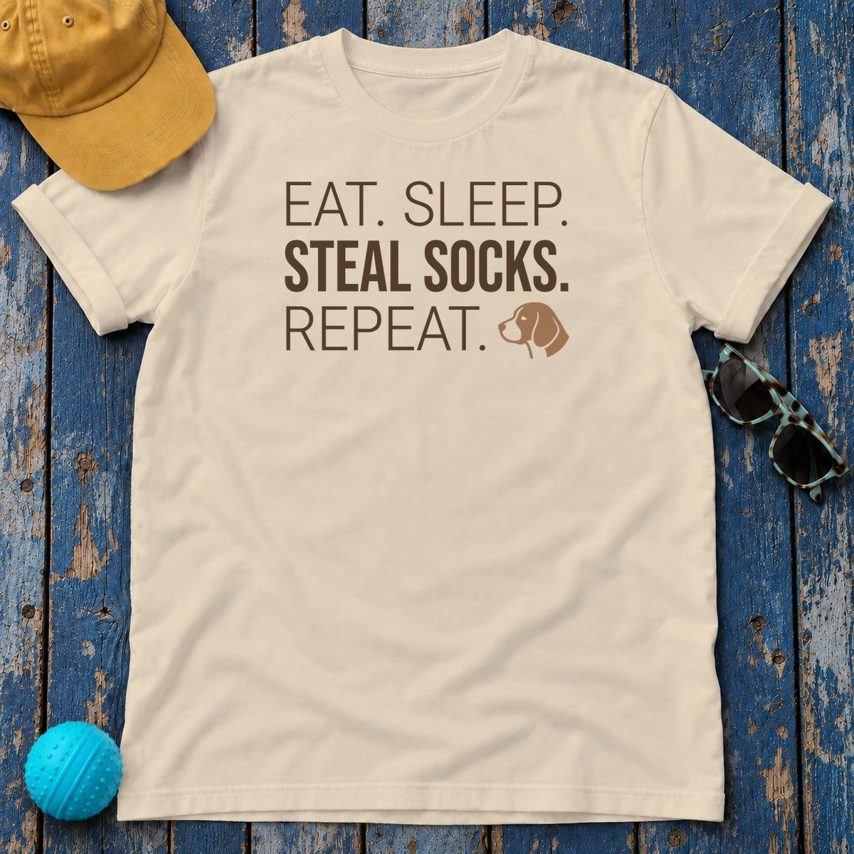 Eat Sleep Steal Socks Repeat Beagle T-Shirt in Sand