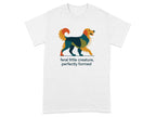 White t-shirt with a colorful geometric dog illustration and text.