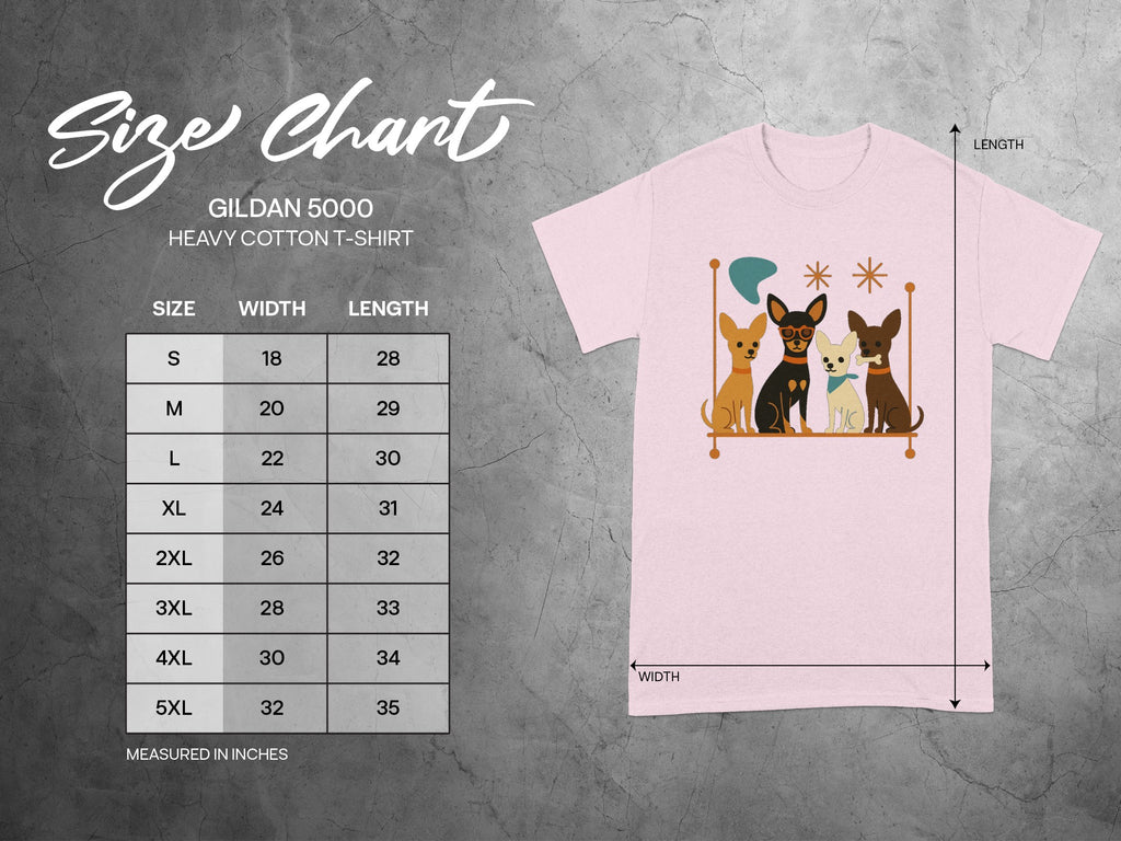 Gildan 5000 Heavy Cotton T-Shirt size chart with dog graphic and measurements in inches.