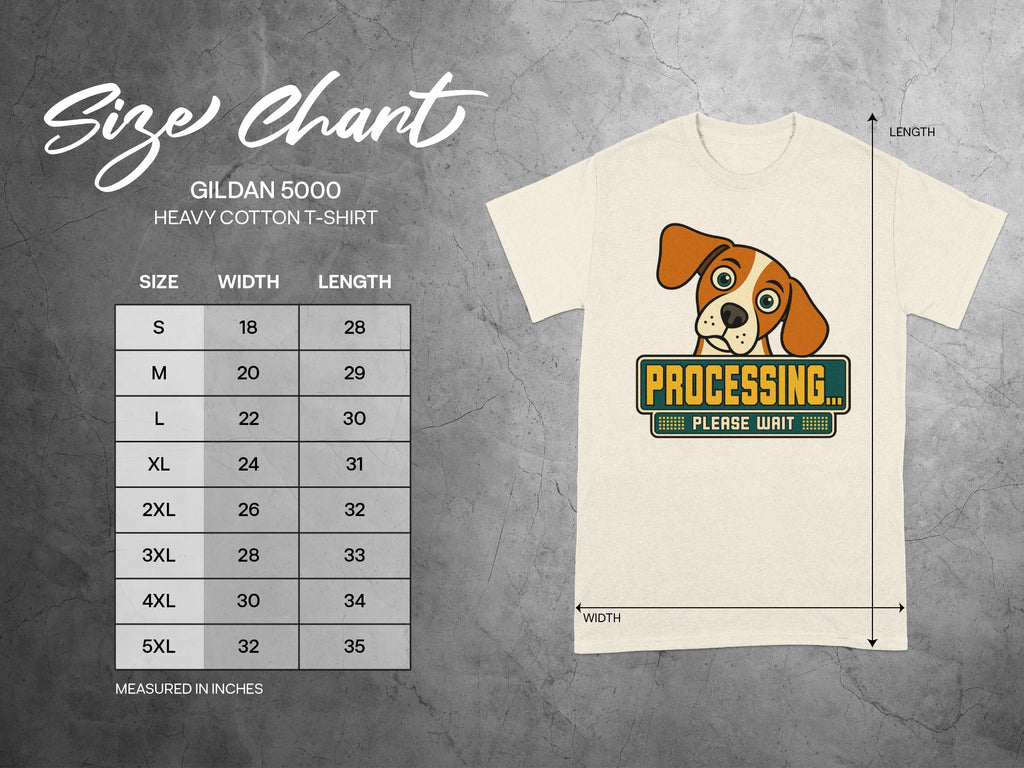 Gildan 5000 t-shirt size chart with dog graphic and "PROCESSING... PLEASE WAIT" text.