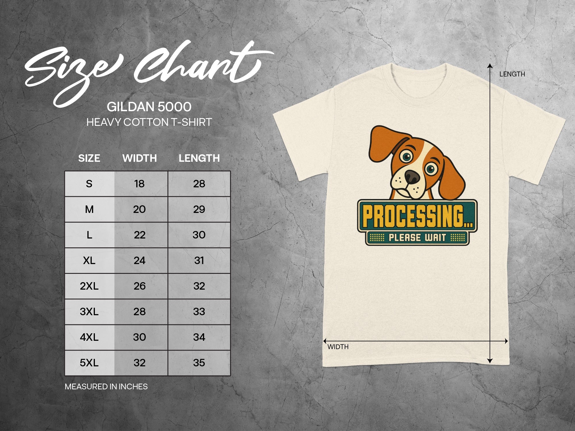 Gildan 5000 t-shirt size chart with dog graphic and "PROCESSING... PLEASE WAIT" text.