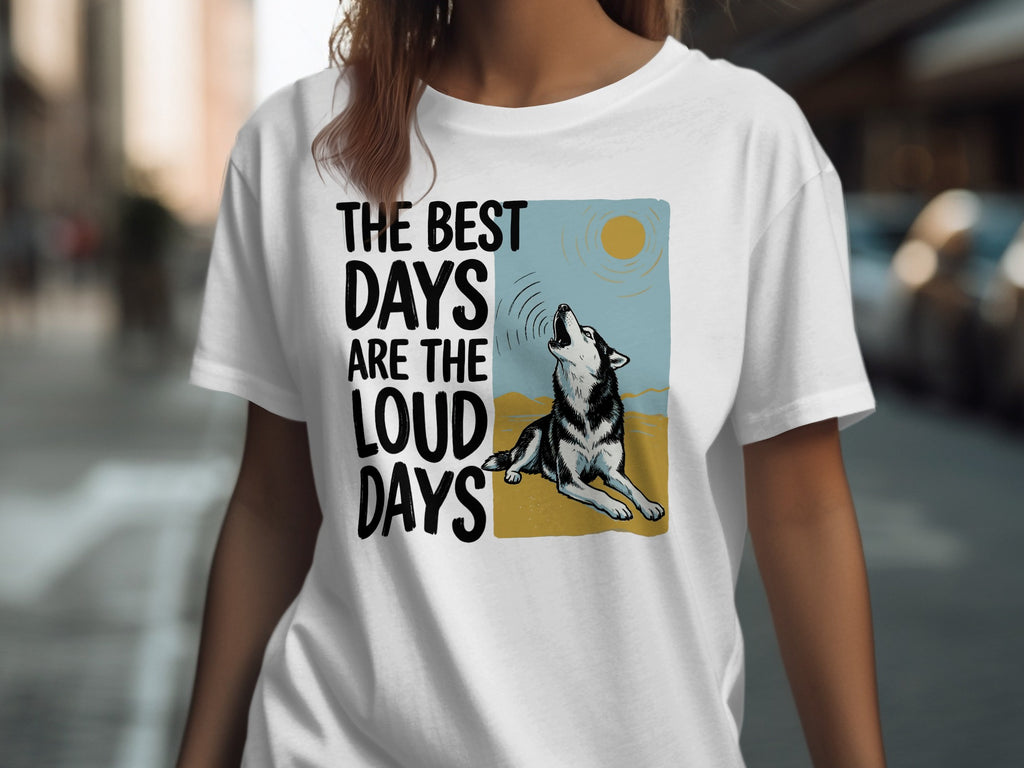 White t-shirt with graphic of a husky howling at the sun.