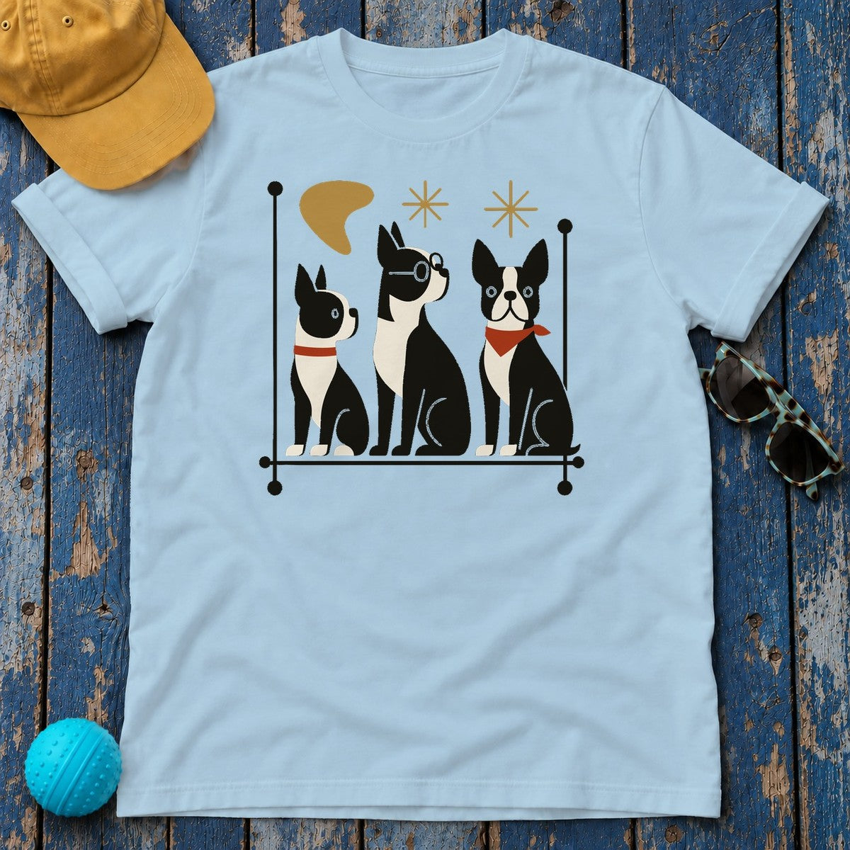 Mid-Century Modern Boston Terriers T-Shirt in Light Blue