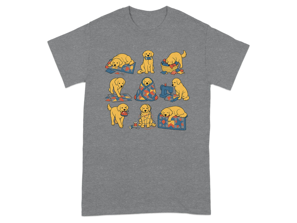 Illustration of nine golden retrievers interacting with quilts, sewing, and baskets.