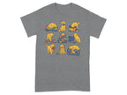 Illustration of nine golden retrievers interacting with quilts, sewing, and baskets.
