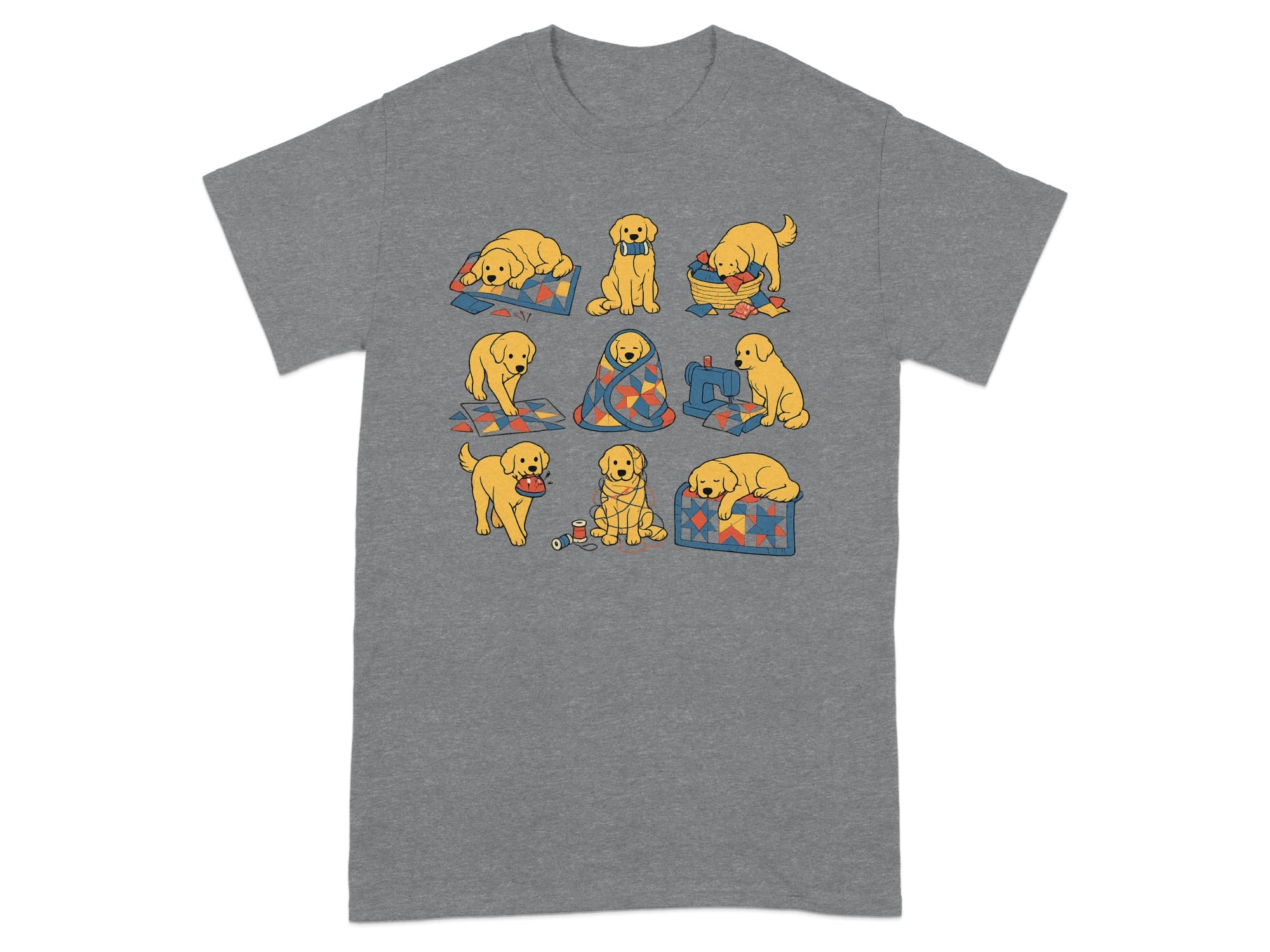 Illustration of nine golden retrievers interacting with quilts, sewing, and baskets.