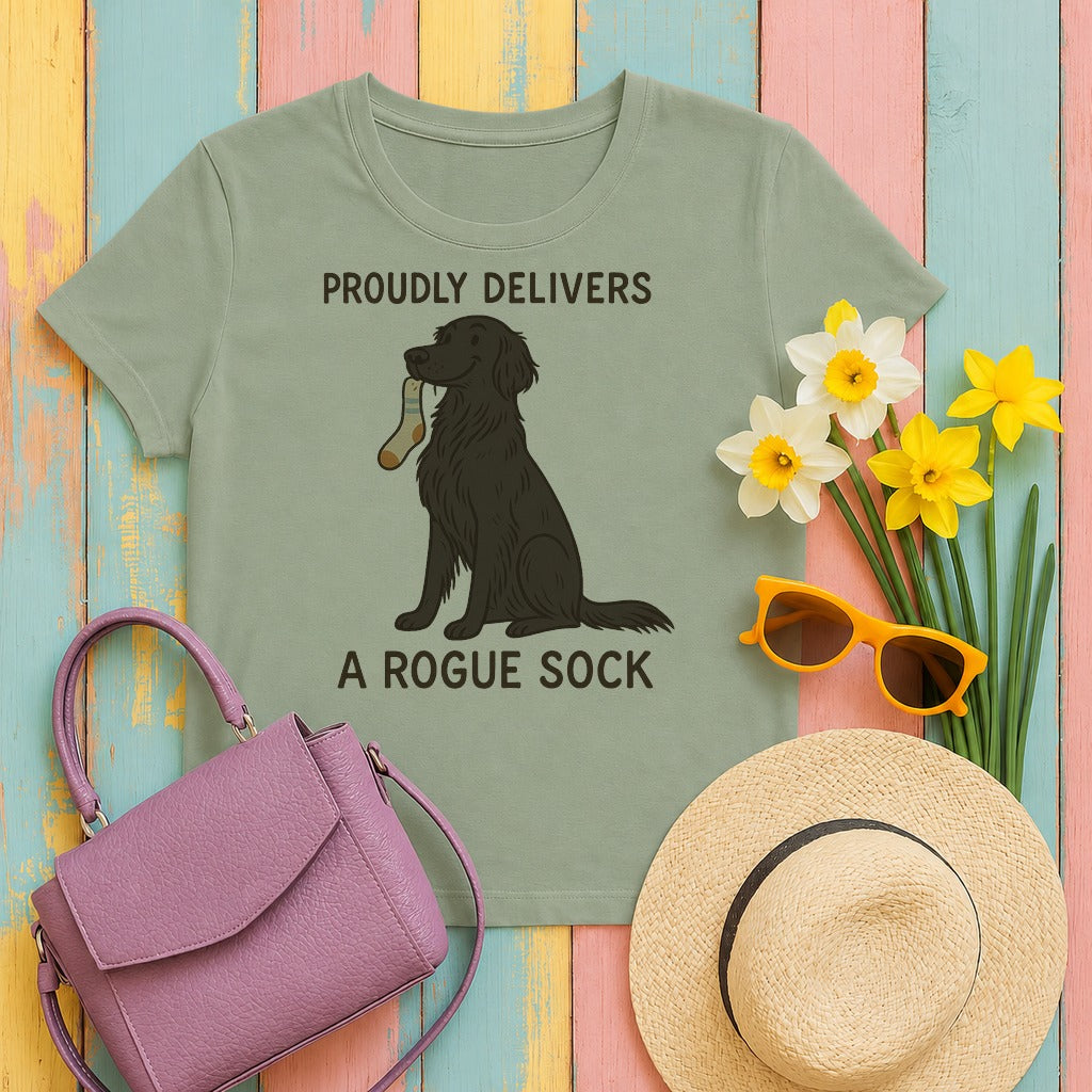 flat-coated retriever delivers-a-rogue-sock tee flat lay hero