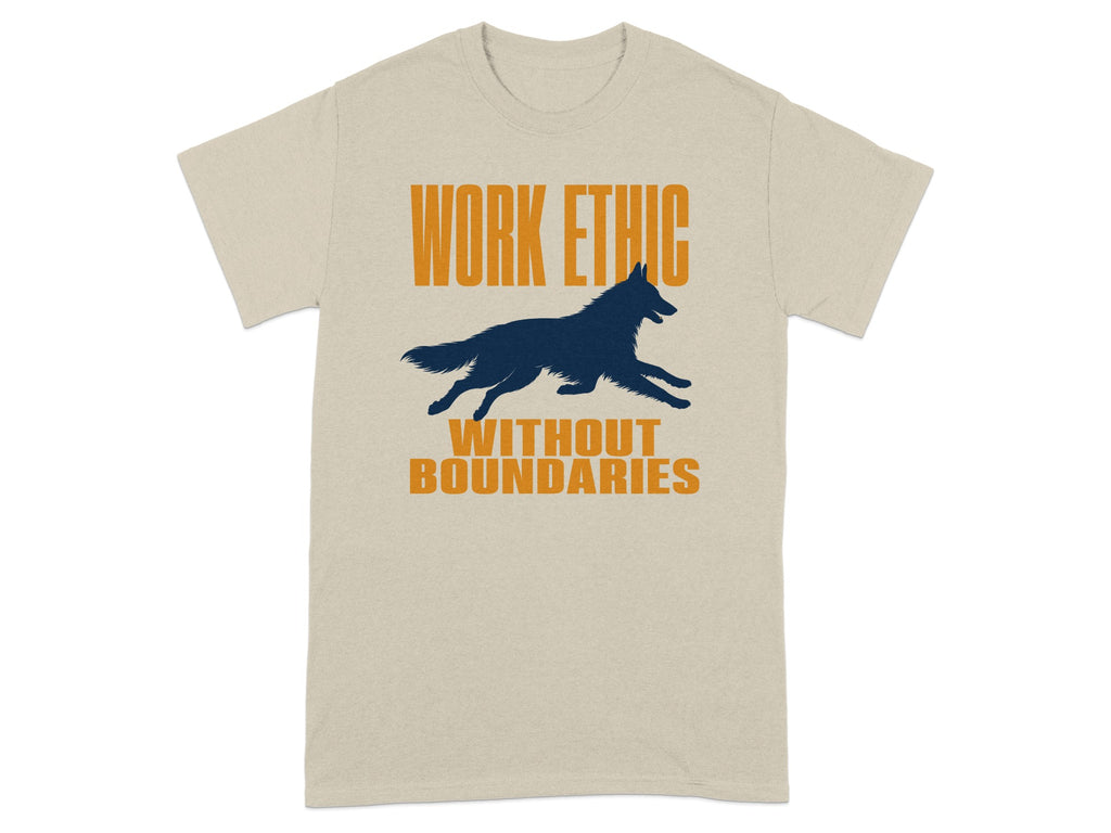 T-shirt with orange text "WORK ETHIC" and a running dog silhouette, "WITHOUT BOUNDARIES".