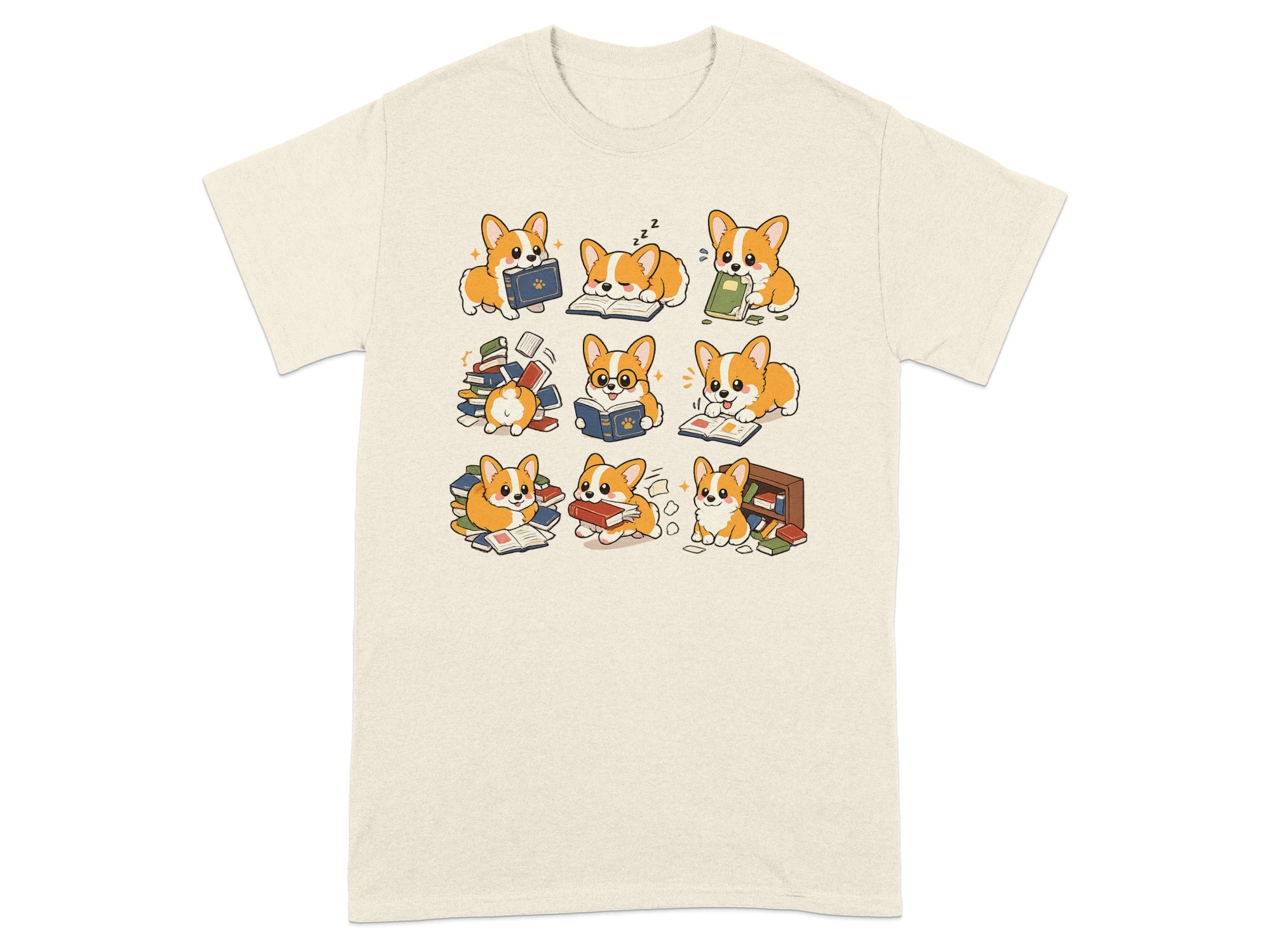 Nine illustrated corgis interacting with books in various poses on a cream t-shirt.