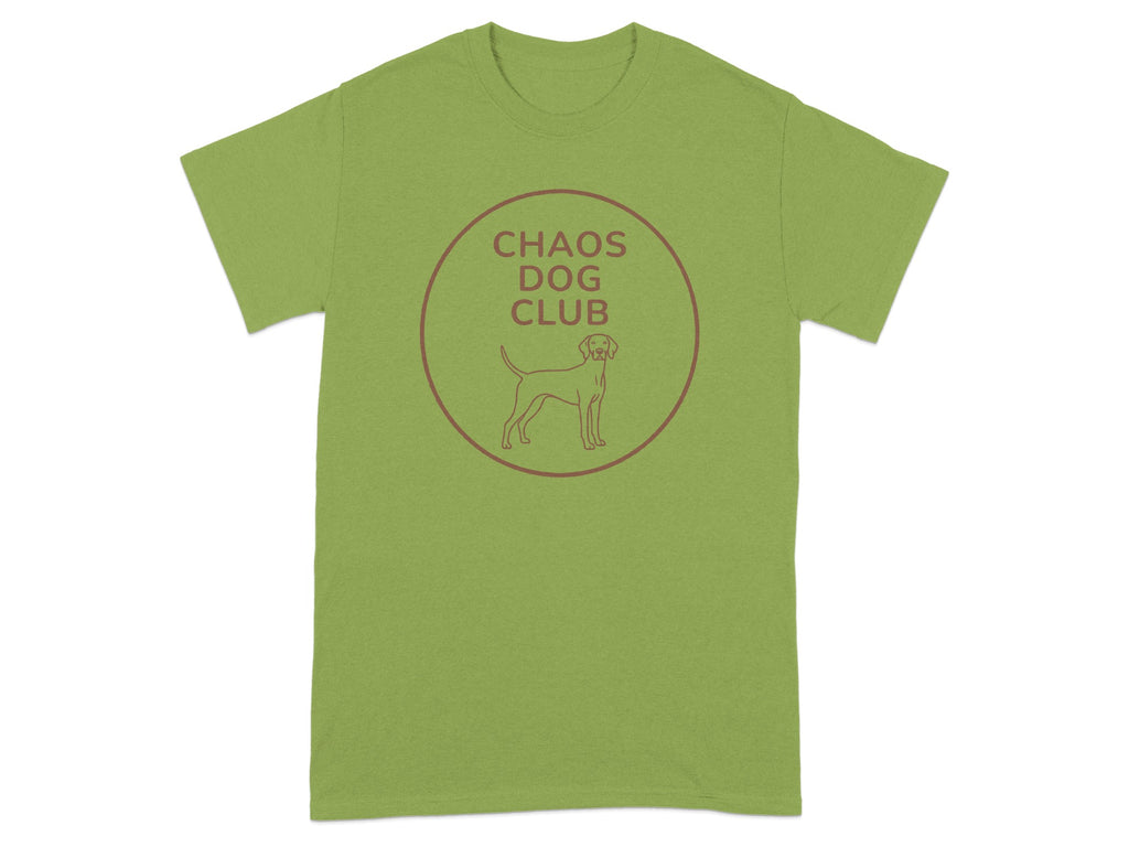 Green t-shirt with "Chaos Dog Club" text and dog silhouette logo.
