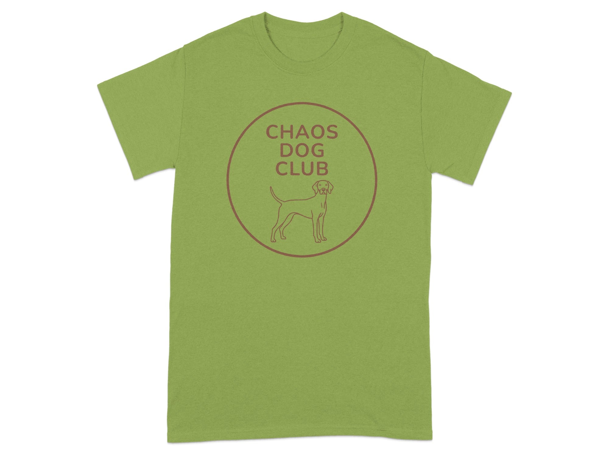 Green t-shirt with "Chaos Dog Club" text and dog silhouette logo.