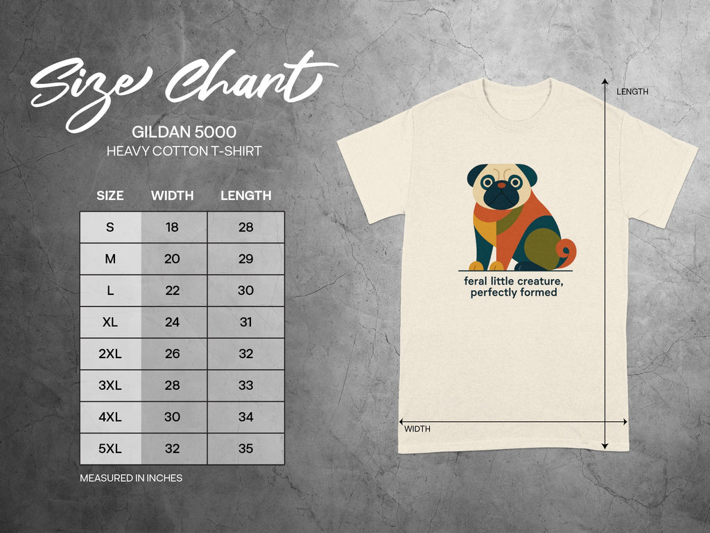 Gildan 5000 t-shirt size chart with abstract pug graphic and text.