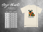 Gildan 5000 t-shirt size chart with abstract pug graphic and text.