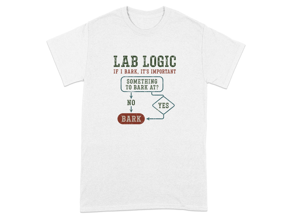 T-shirt with flowchart: "Lab Logic, If I bark, it's important."