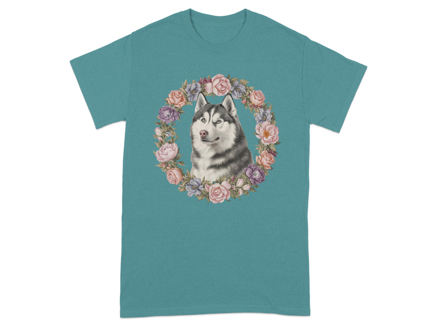 Husky Dog with Floral Wreath Design T-Shirt product