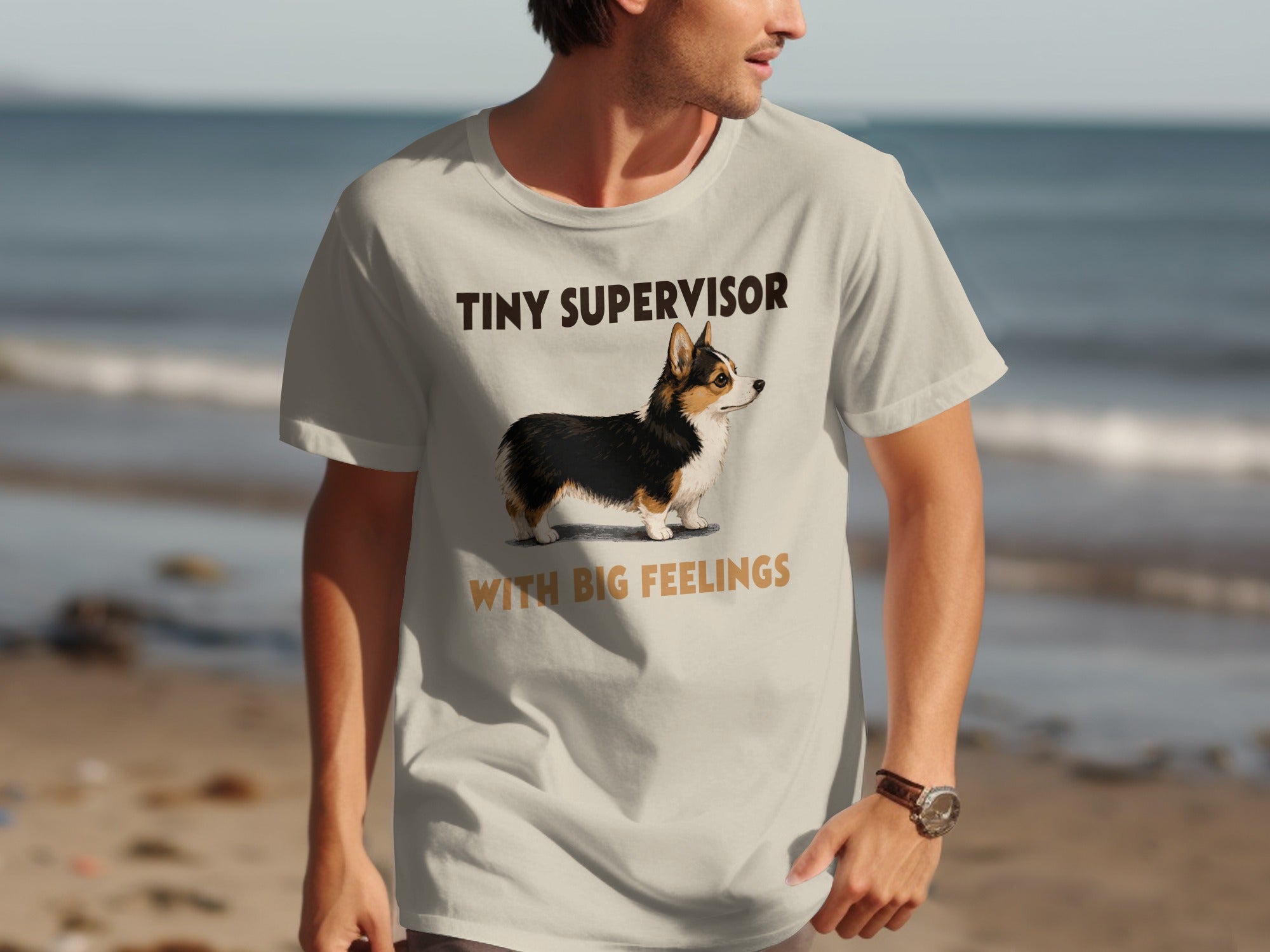 T-shirt with "Tiny Supervisor With Big Feelings" text and a corgi.
