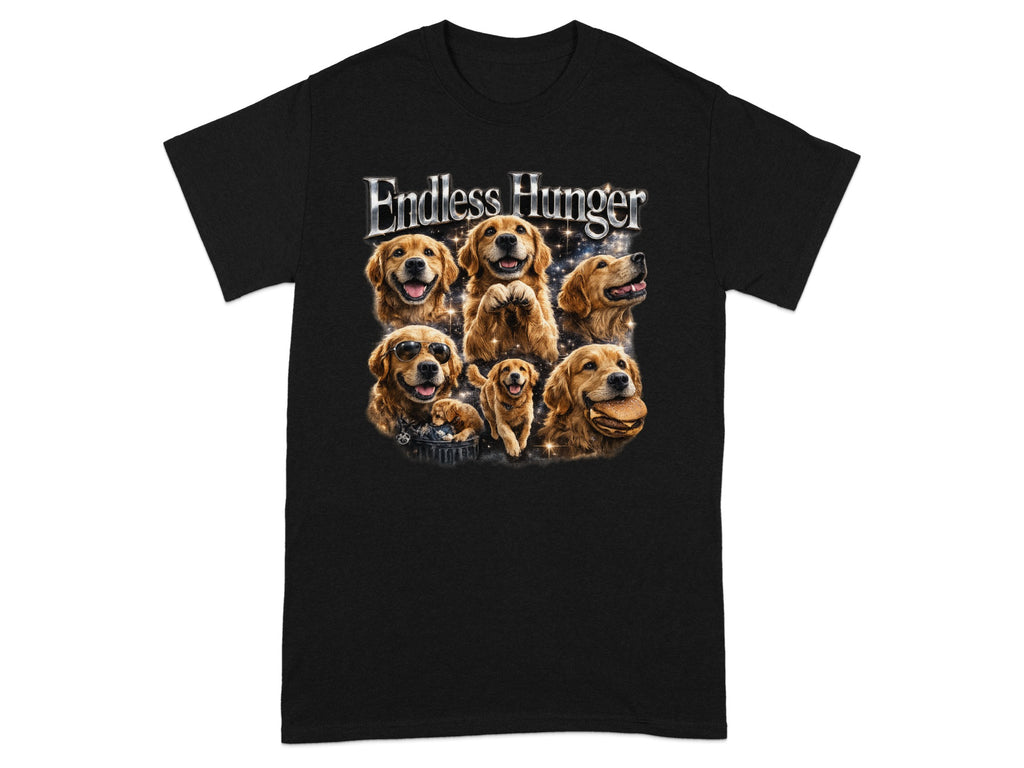Black t-shirt with "Endless Hunger" text and graphic of several golden retrievers.