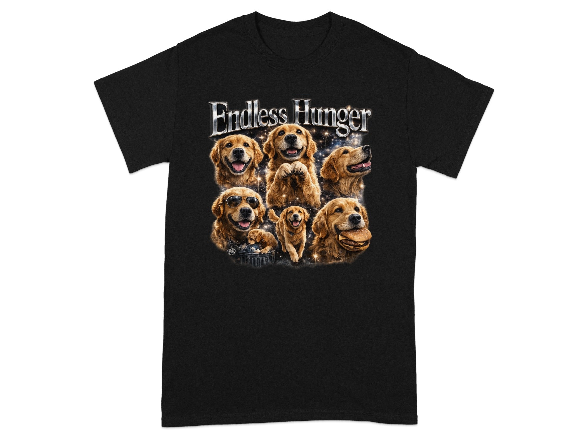Black t-shirt with "Endless Hunger" text and graphic of several golden retrievers.