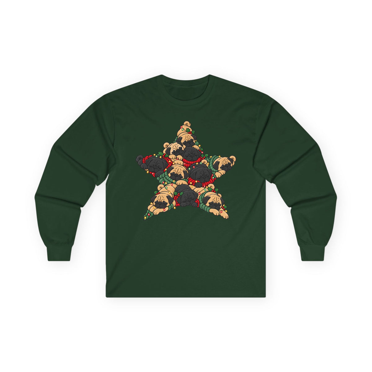 Pug Christmas Star long sleeve tee in Forest Green