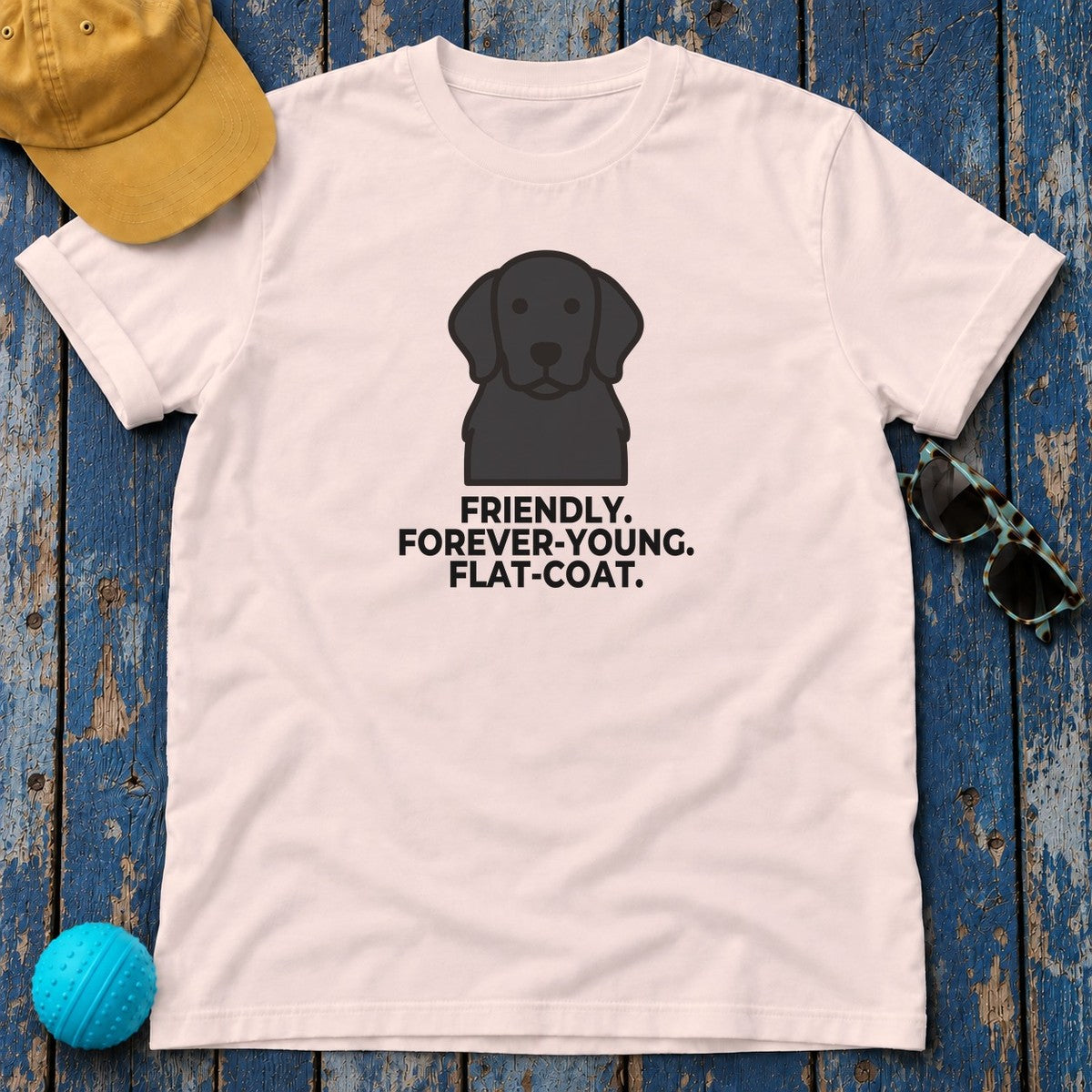 Friendly. Forever-Young. Flat-Coat. Flat-Coated Retriever T-Shirt in Soft Pink