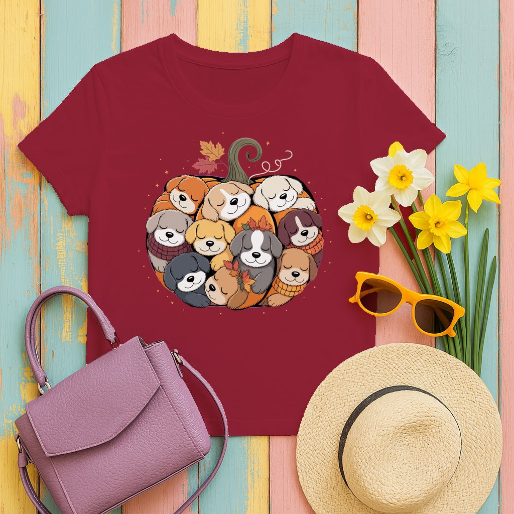 Dogs in Pumpkin Pile Autumn Festive Season Graphic T-Shirt in Cardinal Red