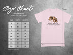 Gildan 5000 t-shirt size chart with dog graphic and text "Every Walk is An Investigation".
