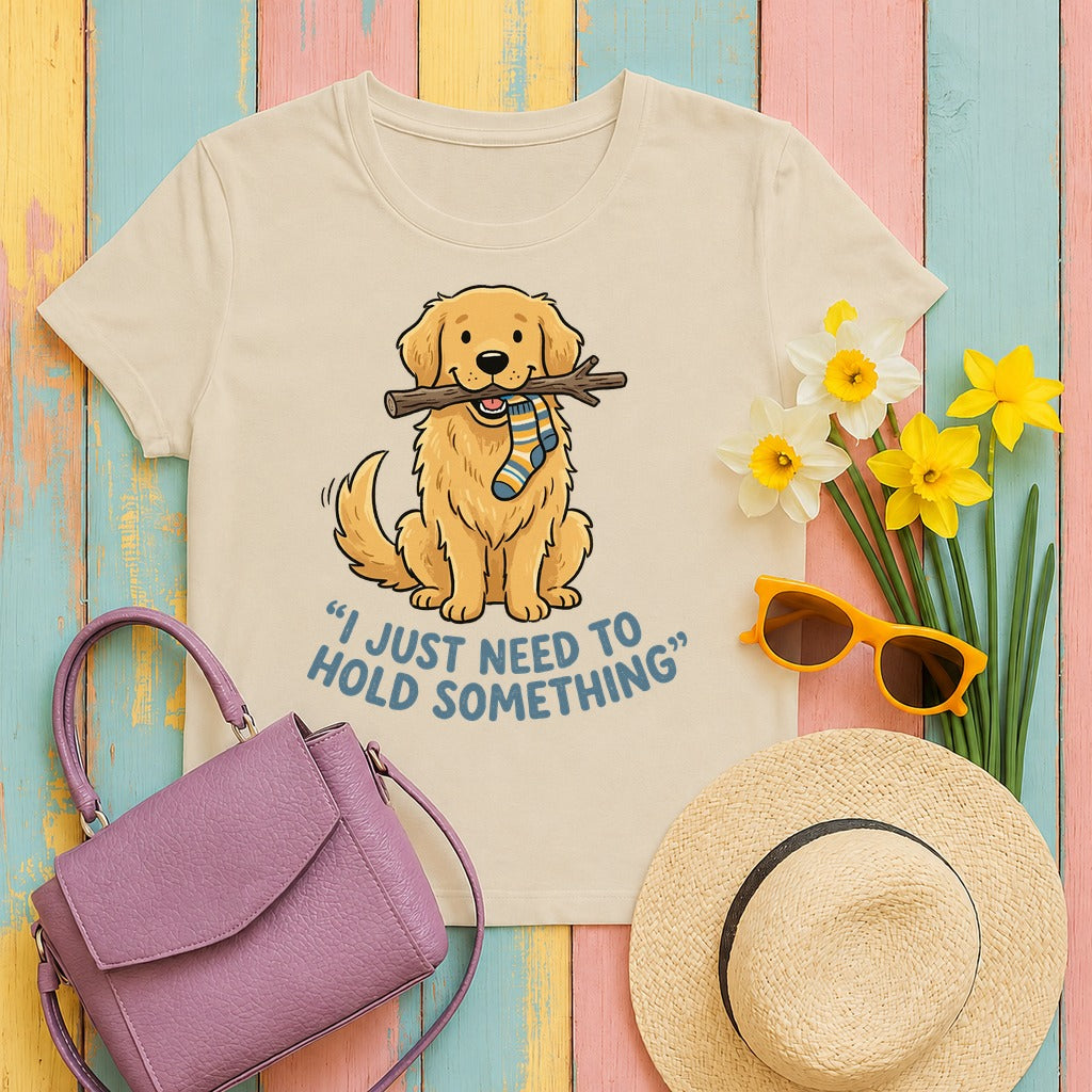 Hold Something Golden Retriever T-shirt in Sand