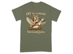 Corgi riding a goose with text "Off to commit Shenanigans."