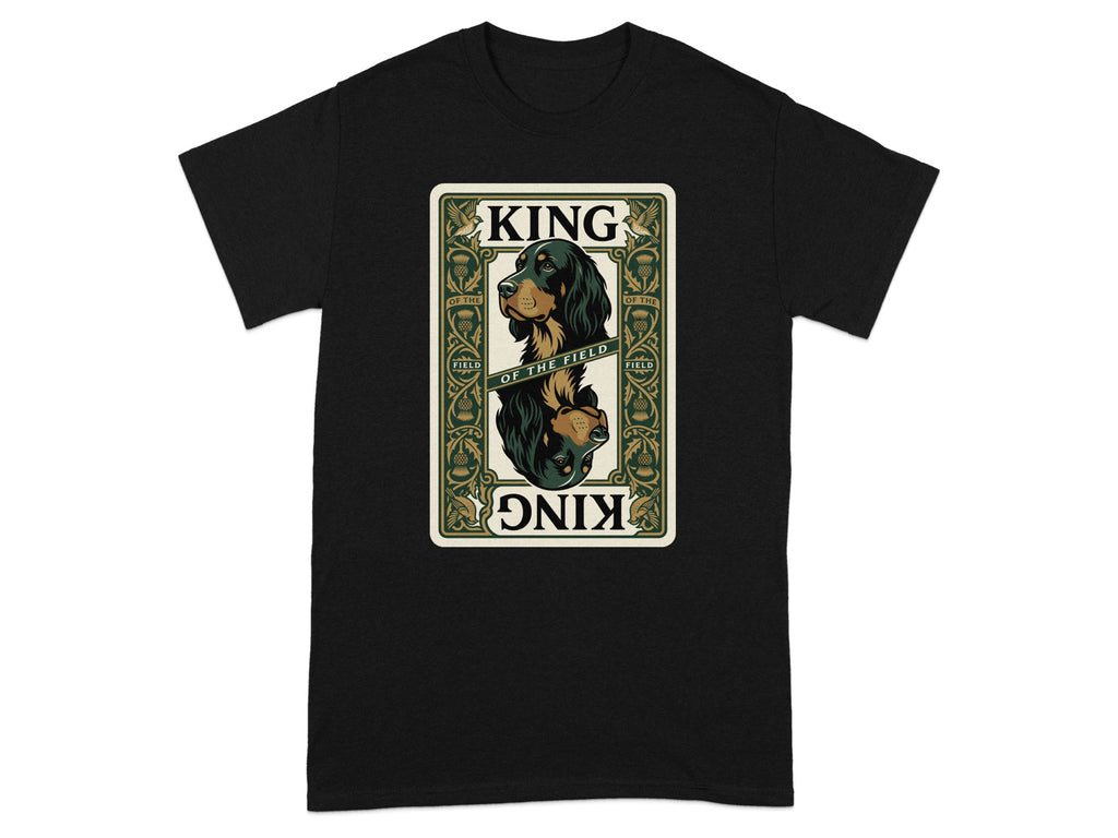 Black t-shirt with a King of the Field playing card design featuring a dog.