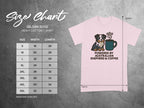 Size chart for Gildan 5000 heavy cotton t-shirt with dog and coffee graphic.