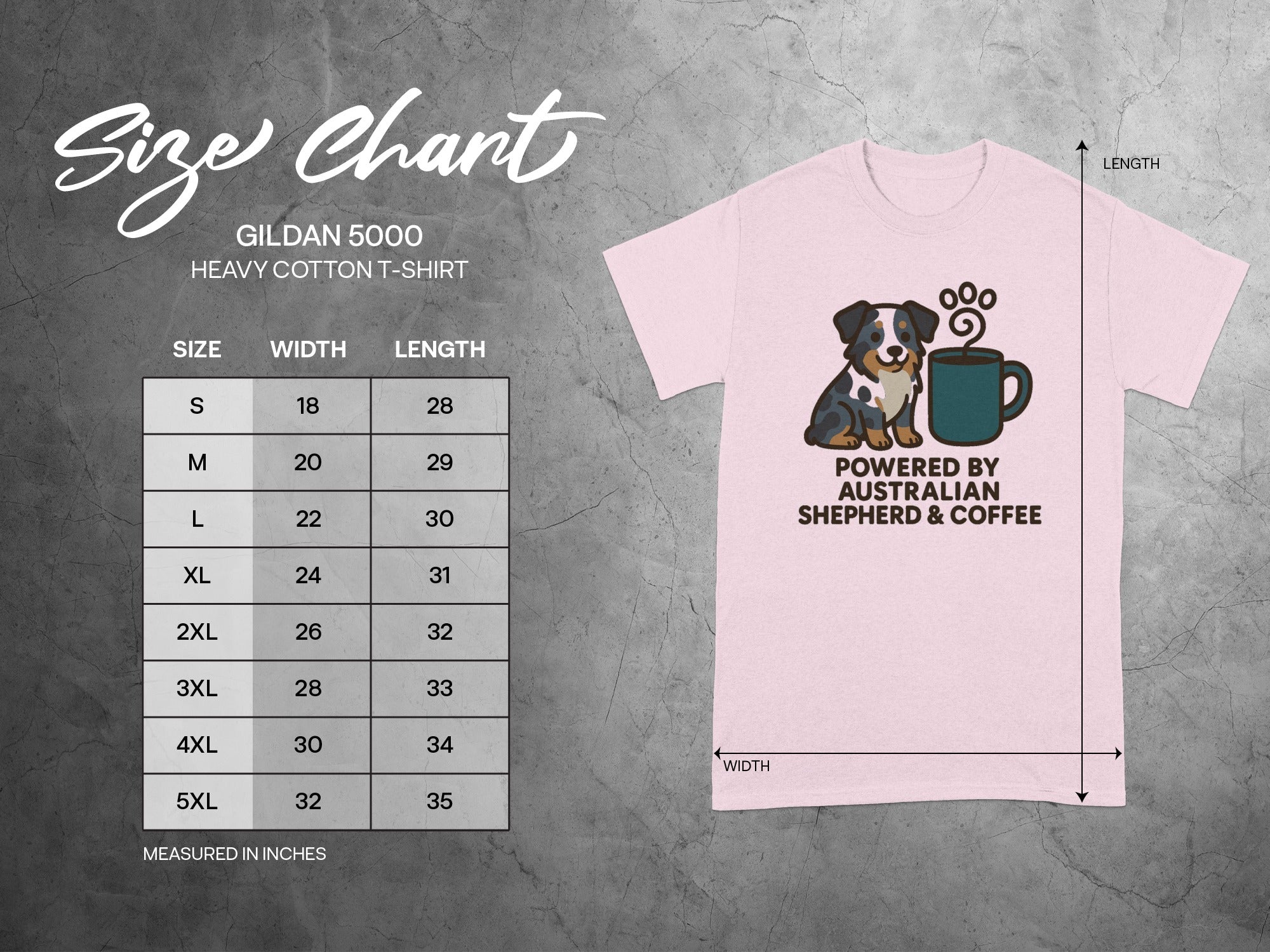 Size chart for Gildan 5000 heavy cotton t-shirt with dog and coffee graphic.
