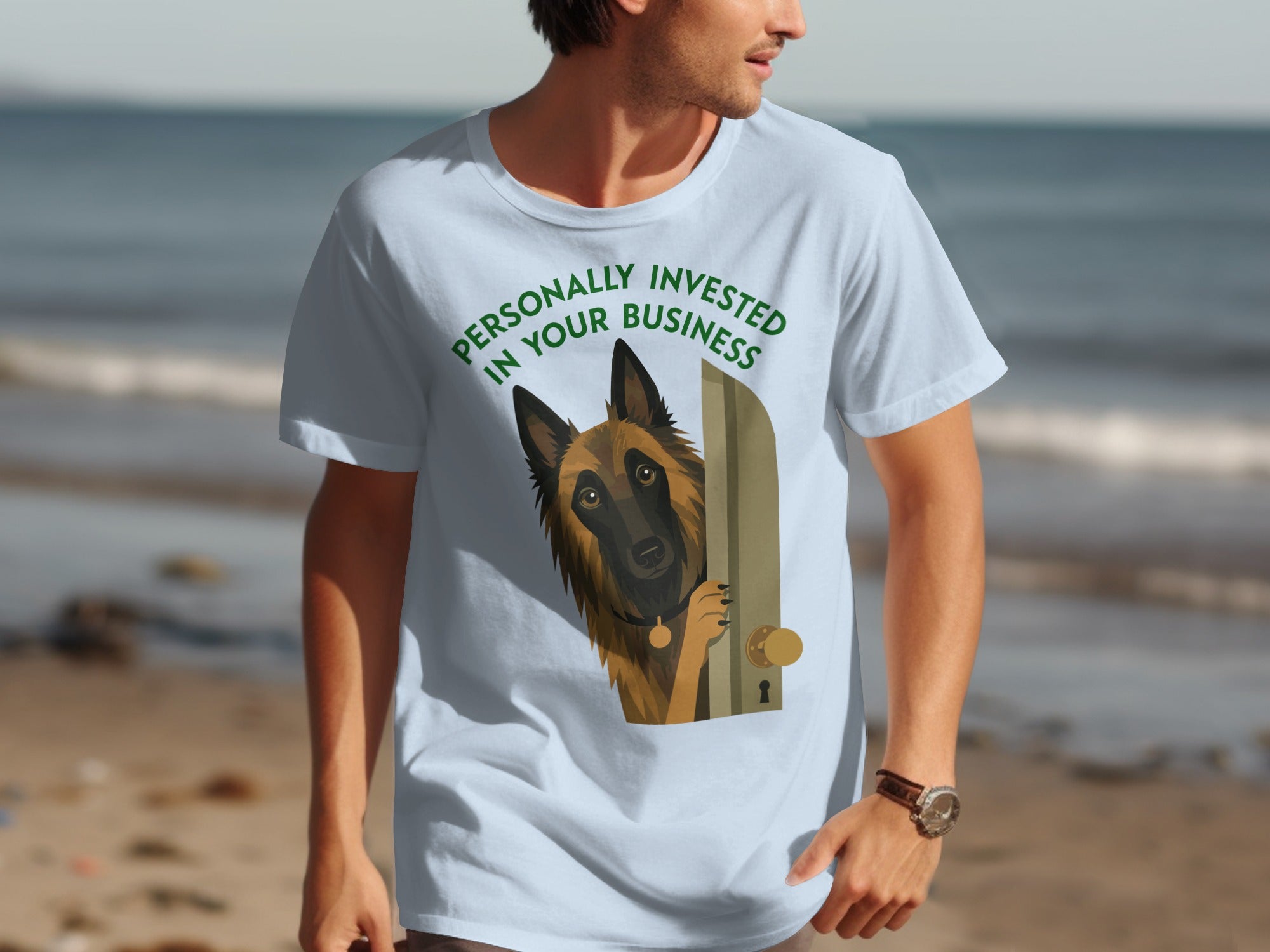 Light blue t-shirt with Belgian Malinois peeking through a door.