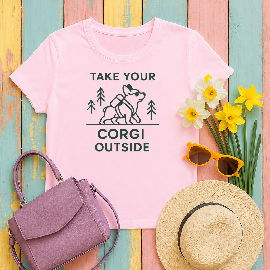 Take Your Corgi Outside Hiking Adventure Dog T-Shirt in Light Pink