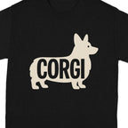 Black t-shirt with a cream silhouette of a corgi and the word "CORGI."
