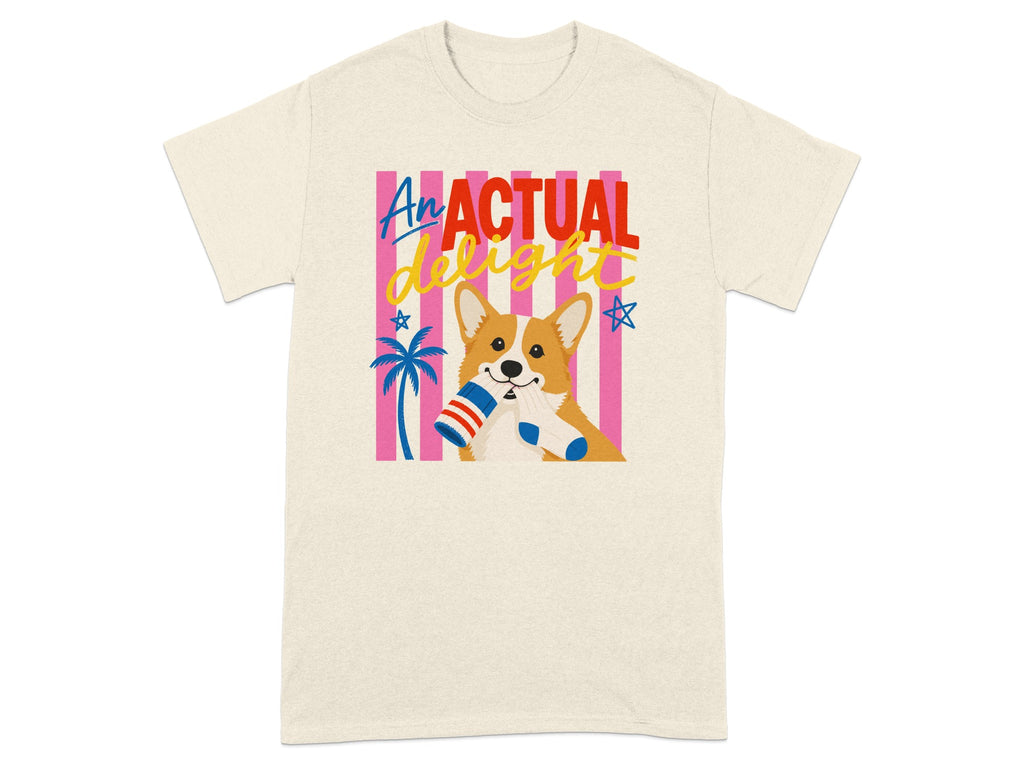 Corgi wearing a sock in mouth with "An ACTUAL delight" text.